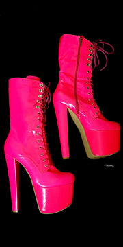 Neon Hot Pink Lace Up High Heel Boots