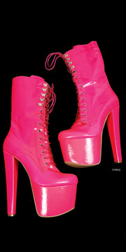 Neon Hot Pink Lace Up High Heel Boots