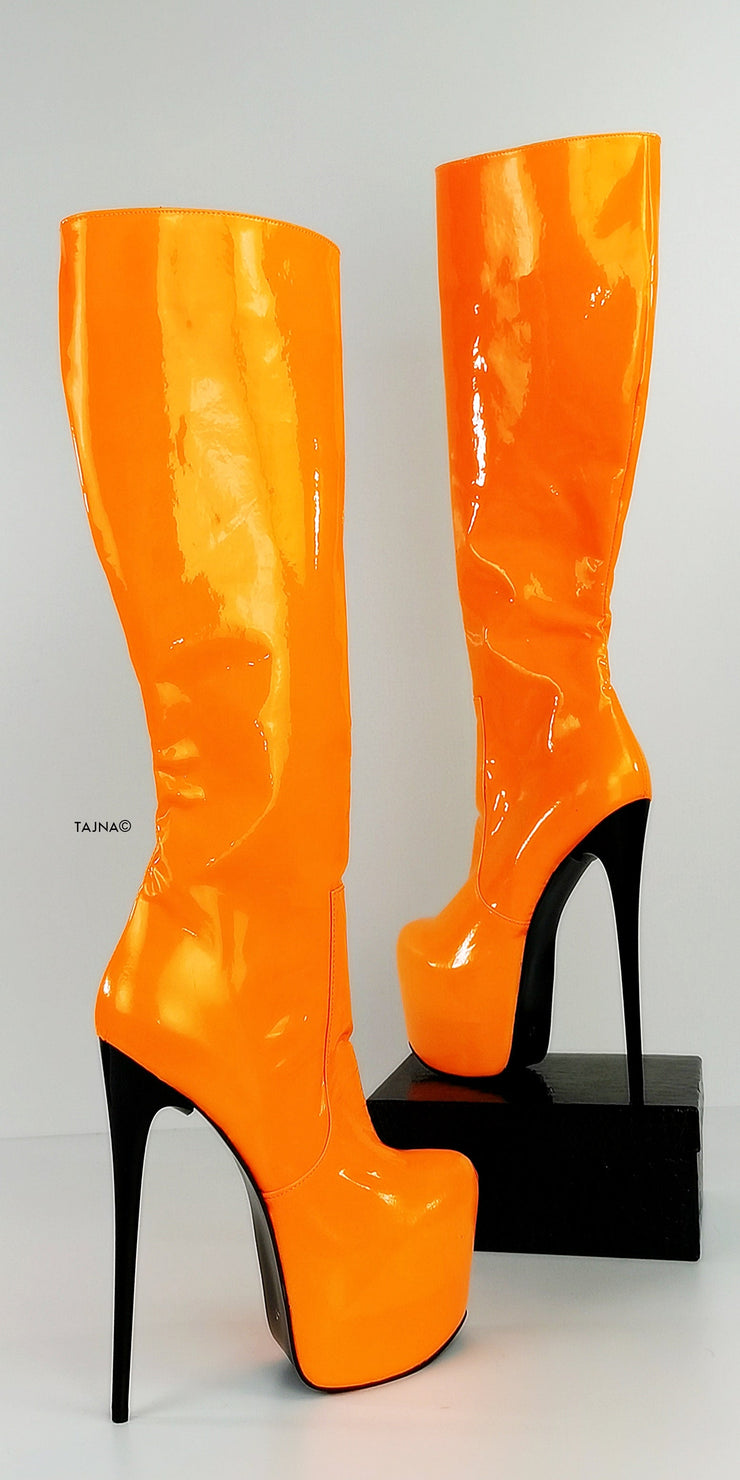 Orange Neon Gloss Mid Calf High Heel Boots - Tajna Club