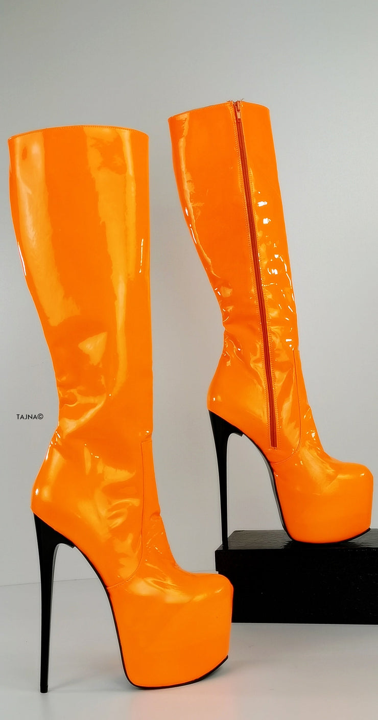 Orange Neon Gloss Mid Calf High Heel Boots - Tajna Club
