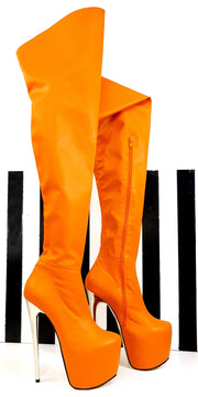 Orange Stretch Thigh High Metallic Heel Boots