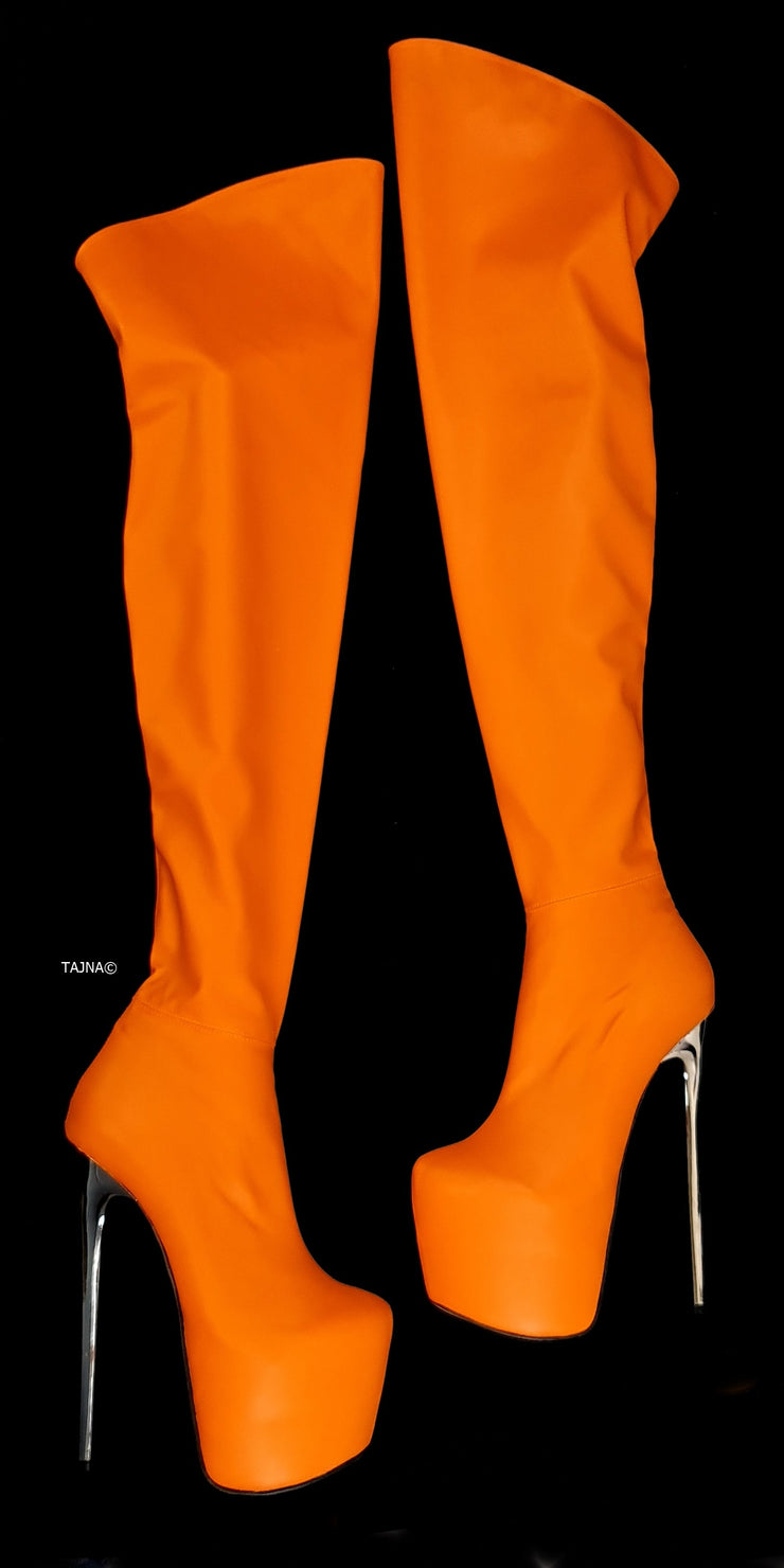 Orange Stretch Thigh High Metallic Heel Boots