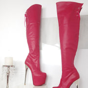 Pink Silver Heel Knee High Boots - Tajna Club