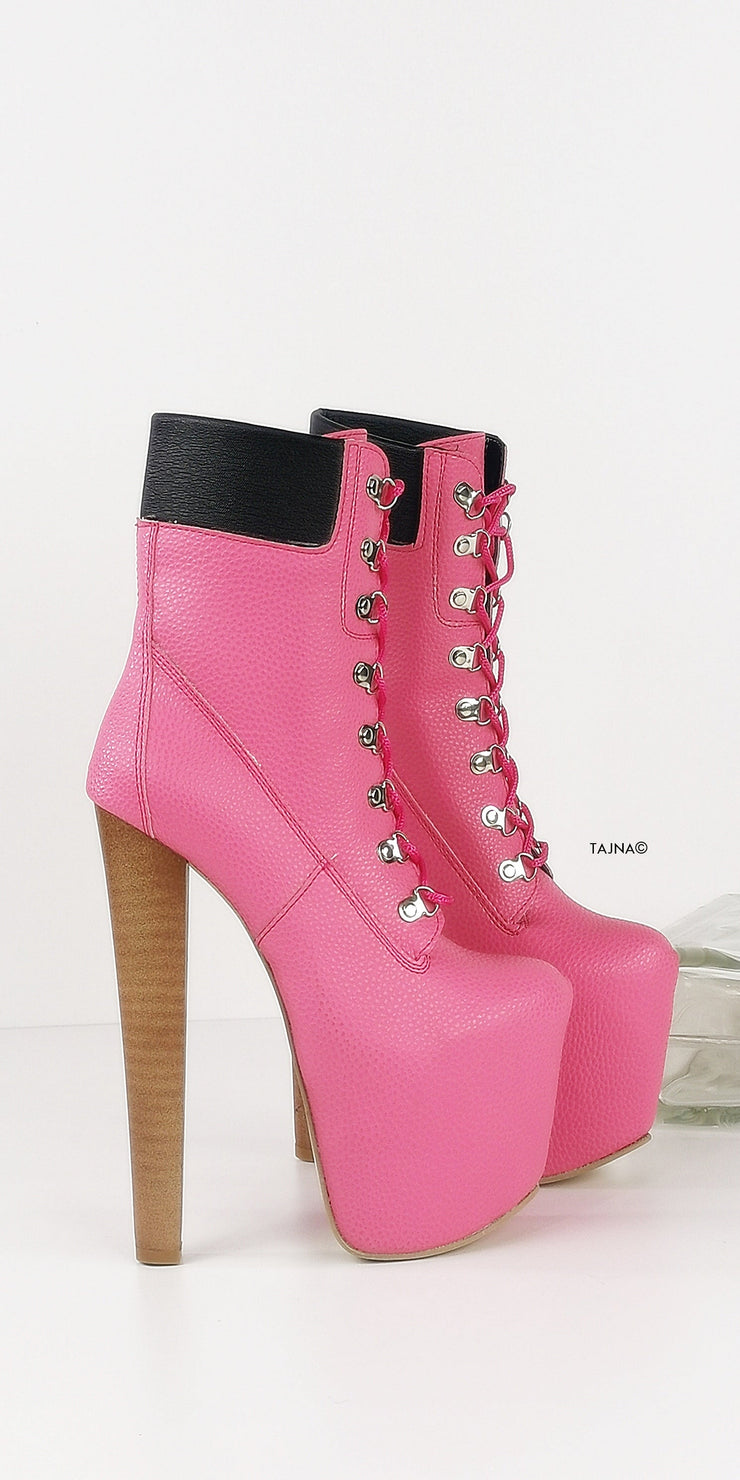 Timber Lace Up Pink Platform Ankle Boots - Tajna Club