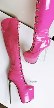 Doll Pink Patent Military Style Over Knee Boots - Tajna Club
