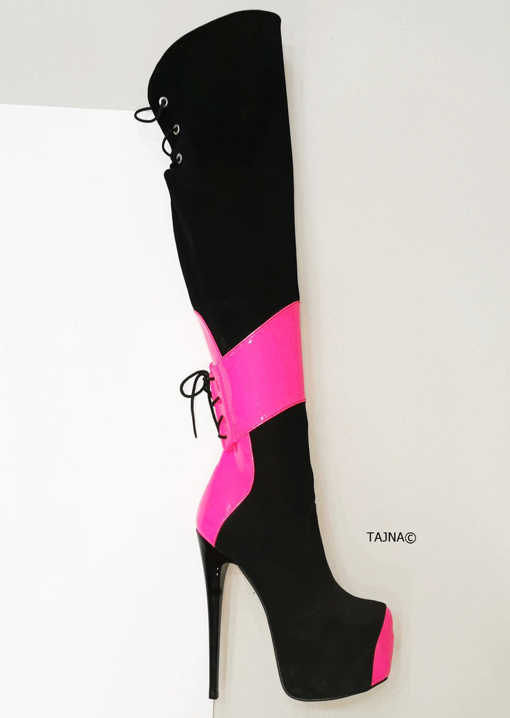 Black Neon Pink Knee High Boots - Tajna Club