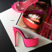 Neon Pink Transparent Platform Mules - Tajna Club