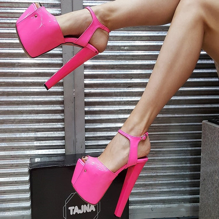 Neon Pink Ankle Strap Peep Toe Platform Heels - Tajna Club