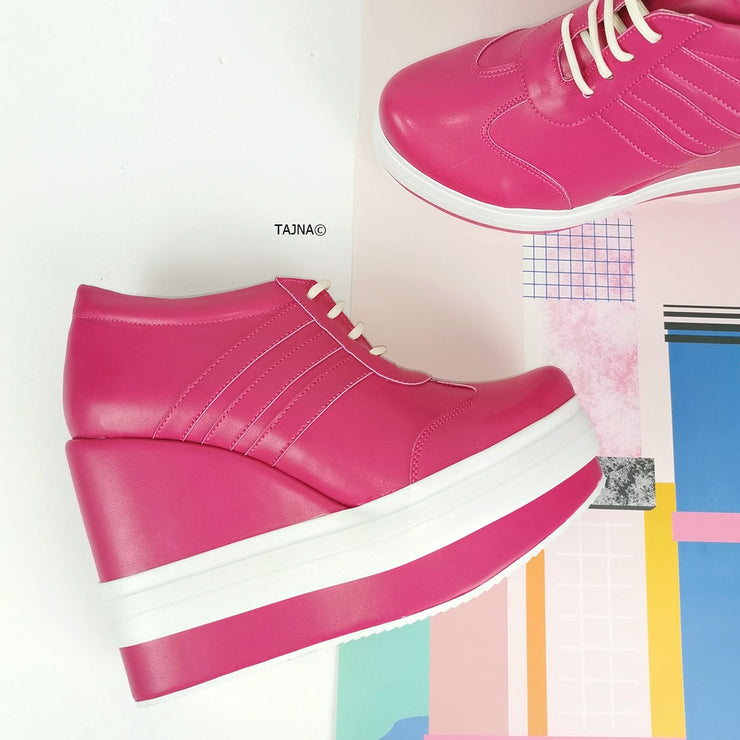 Pink Magenta Lace Up Sport Platform Wedges - Tajna Club