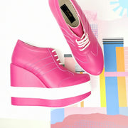 Pink Magenta Lace Up Sport Platform Wedges - Tajna Club