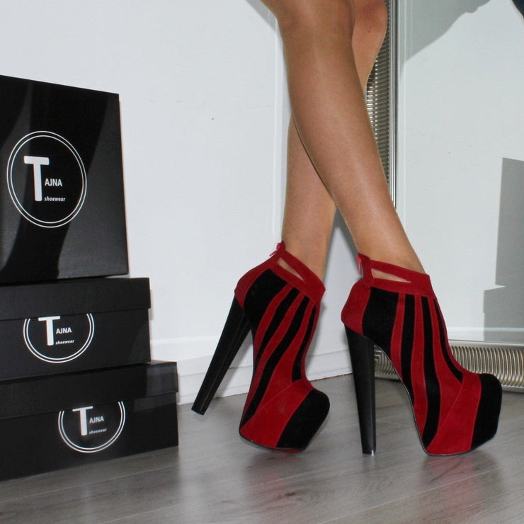 Red Black Suede Stripe Platform Ankle Booties - Tajna Club