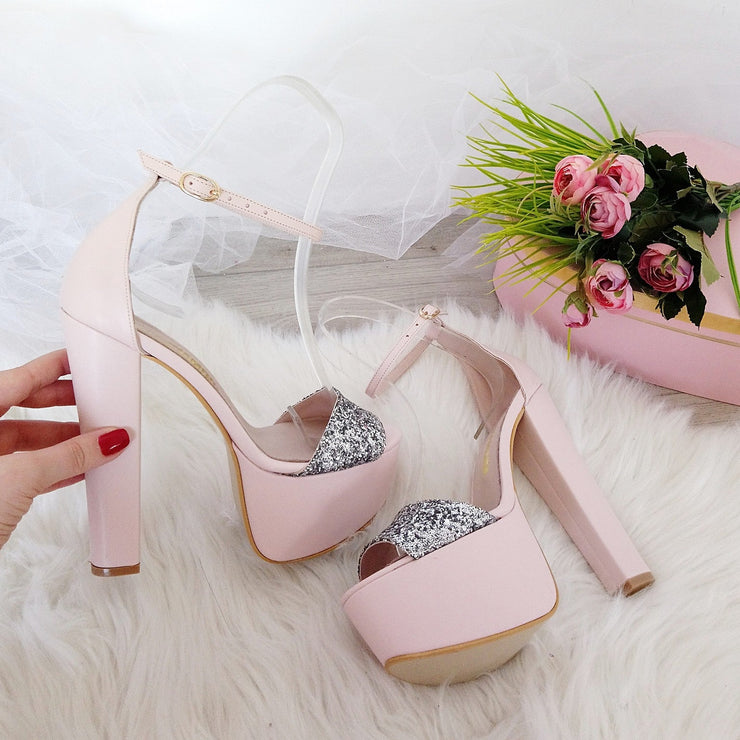 Powder Pink with Silver Shimmer Ankle Strap Platform Sandals - Tajna Club