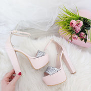 Powder Pink with Silver Shimmer Ankle Strap Platform Sandals - Tajna Club