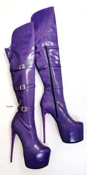 Purple Patent Belted Knee High Boots - Tajna Club