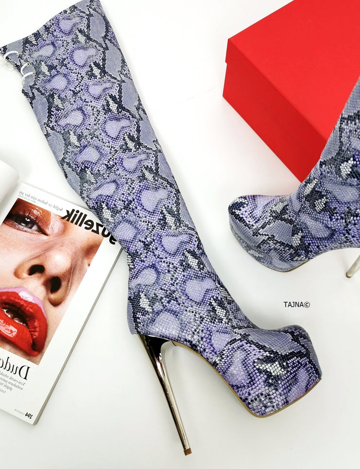 Purple Snake Skin Print Platform Boots - Tajna Club