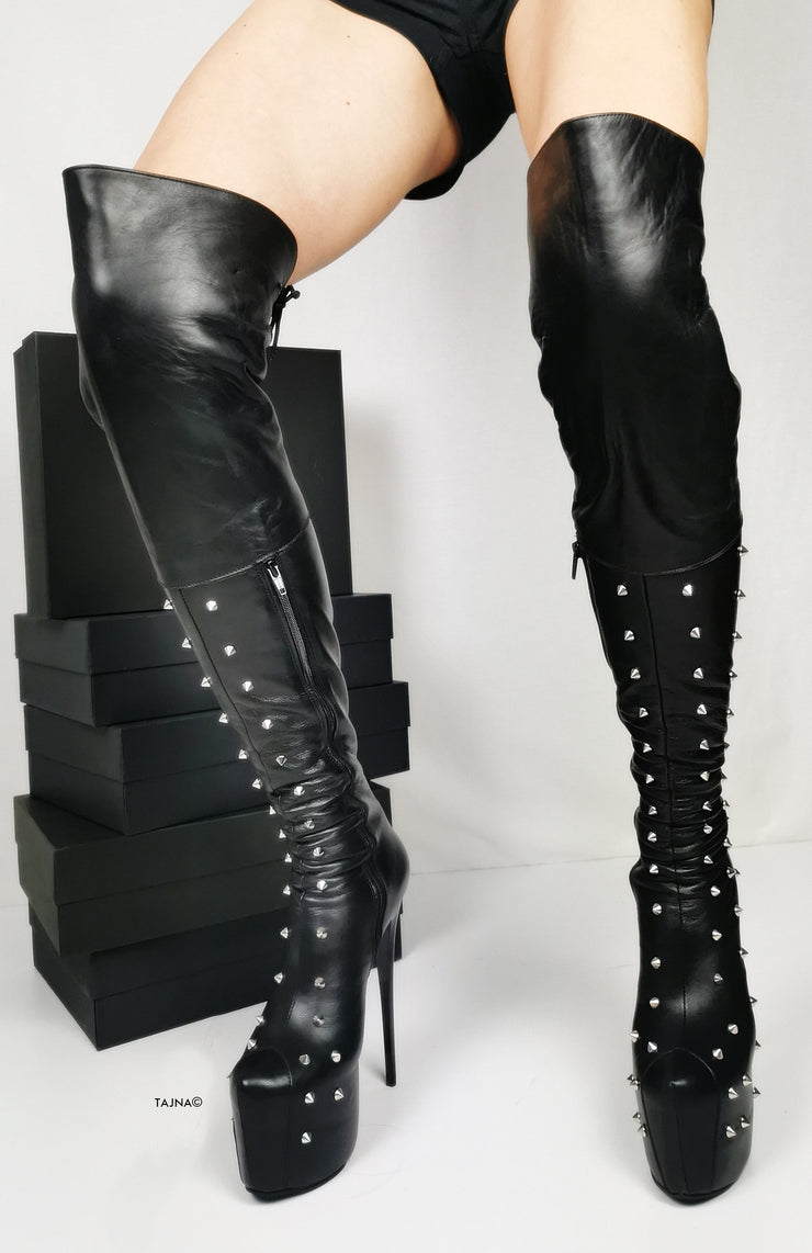 Spike Stud Black Genuine Leather Thigh Boots | Tajna Shoes