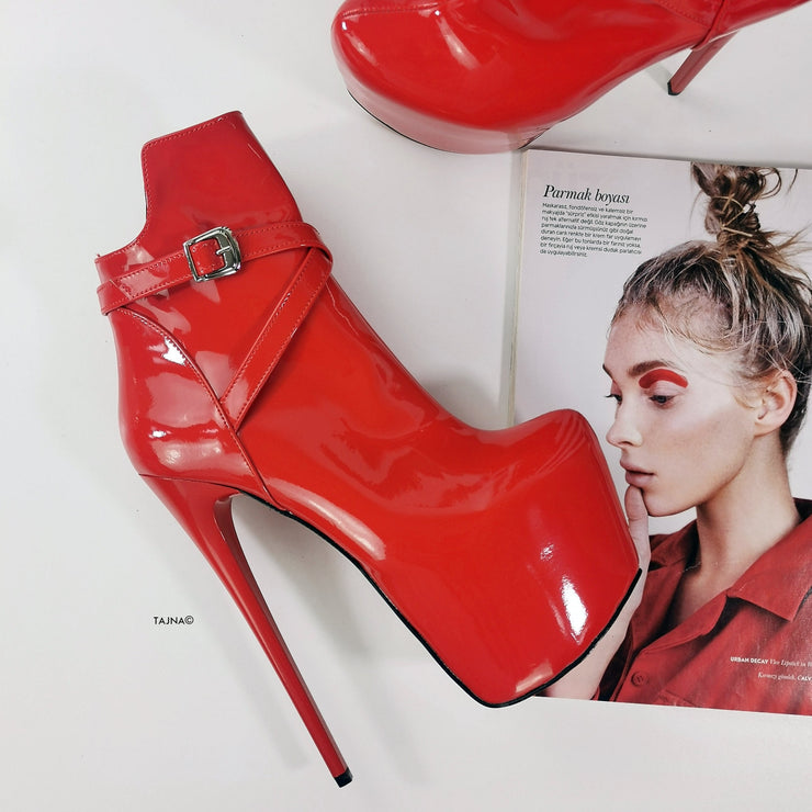 Red Gloss Belted Ankle Pencil Heel Boots - Tajna Club