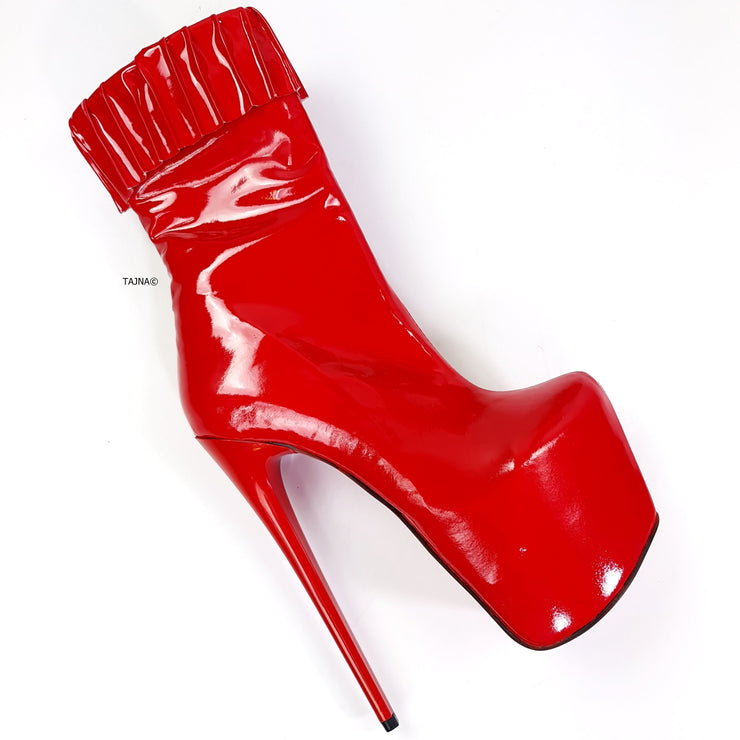 Red Gloss Ruffle High Heel Boots