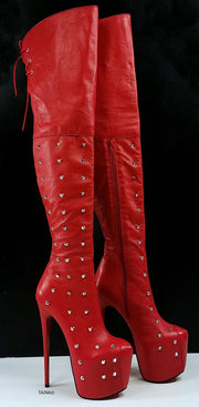 Spike Stud Red Genuine Leather Thigh Boots - Tajna Club