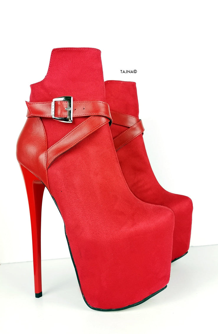 Red Suede Belt Detail Ankle Boots - Tajna Club