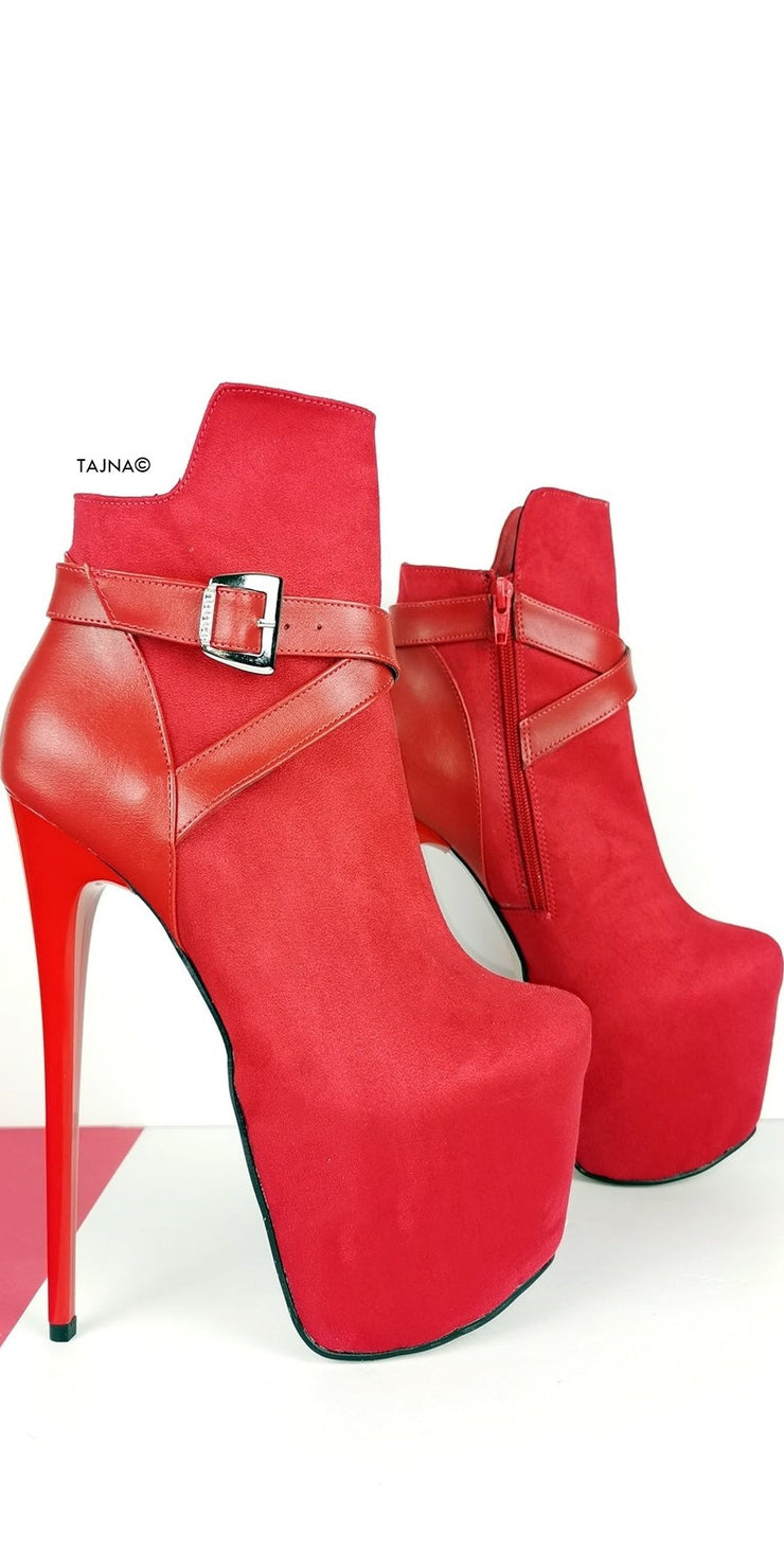 Red Suede Belt Detail Ankle Boots - Tajna Club
