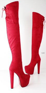 Red Suede Thigh High Chunky Heel Boots - Tajna Club