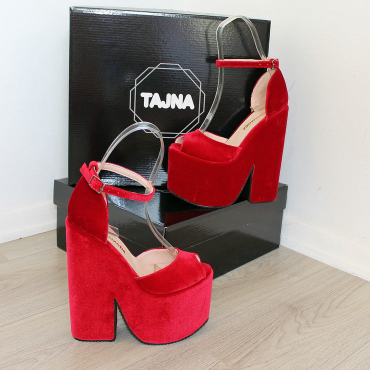 Dark Red Velvet High Heel Wedge Platform Shoes - Tajna Club