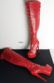 Red Matte Military Style Knee High Boots - Tajna Club