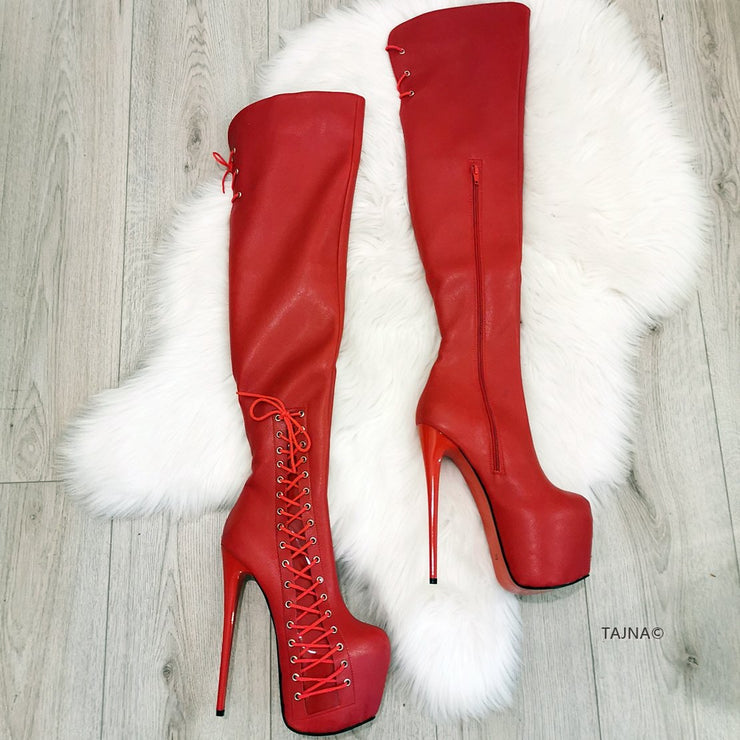 Red Knee High Corset Boots - Tajna Club
