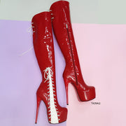 Red White Patent Knee High Corset Boots - Tajna Club