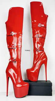 Red Patent Belted Knee High Boots - Tajna Club