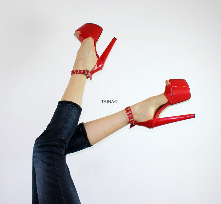 Red Patent Ankle Strap Platform Sandals - Tajna Club