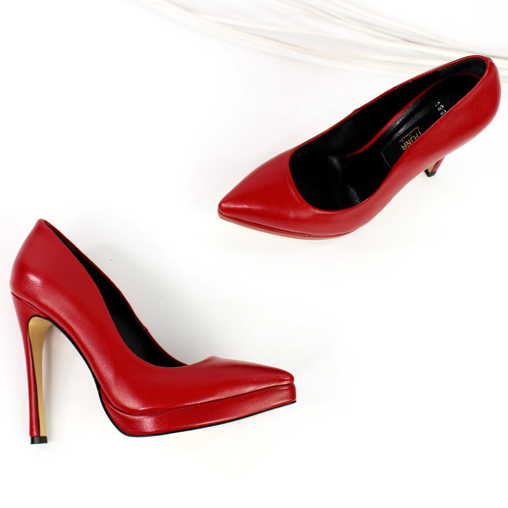 Red Genuine Leather Pointy Toe Stilettos - Tajna Club