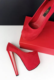 Red Suede Platform Pumps Chunky Heels - Tajna Club