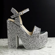 Silver Glass Glitter Platform Wedge Sandals - Tajna Club