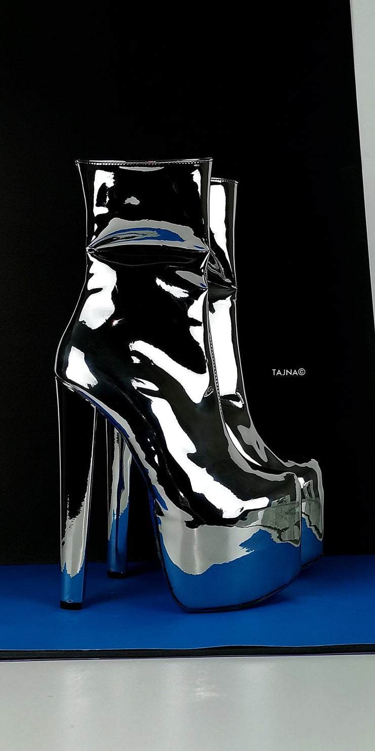 Silver Mirror Blue Soles Platform Boots - Tajna Club