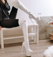 White Patent Strech Knee High Boots - Tajna Club