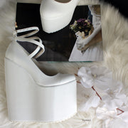 White Strap Lace Up Mega Bridal Wedges - Tajna Club