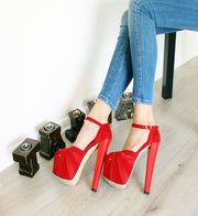 Red Fillet Peep Toe Ankle Strap 19 cm High Heels - Tajna Club