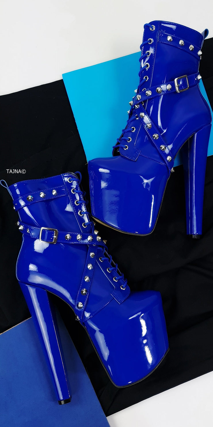 Electric Blue Spike Studs High Heel Rocker Boots