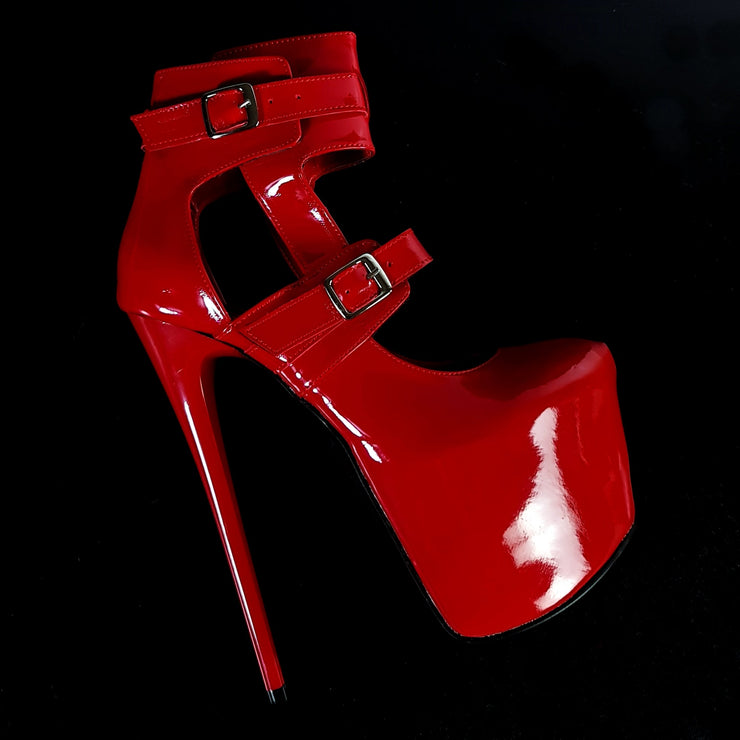Red Gloss Double Belted Ankle Cut Heels Tajna Club