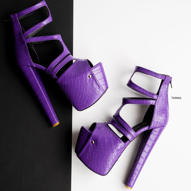 Purple Croco Ankle Cut Open Toe High Heel Platforms