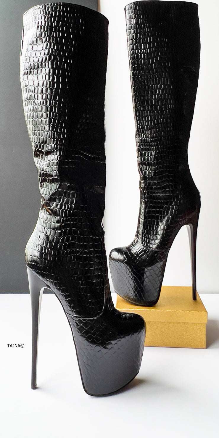 Black Croco Mid Calf High Heel Boots Tajna Club – Tajna Shoes