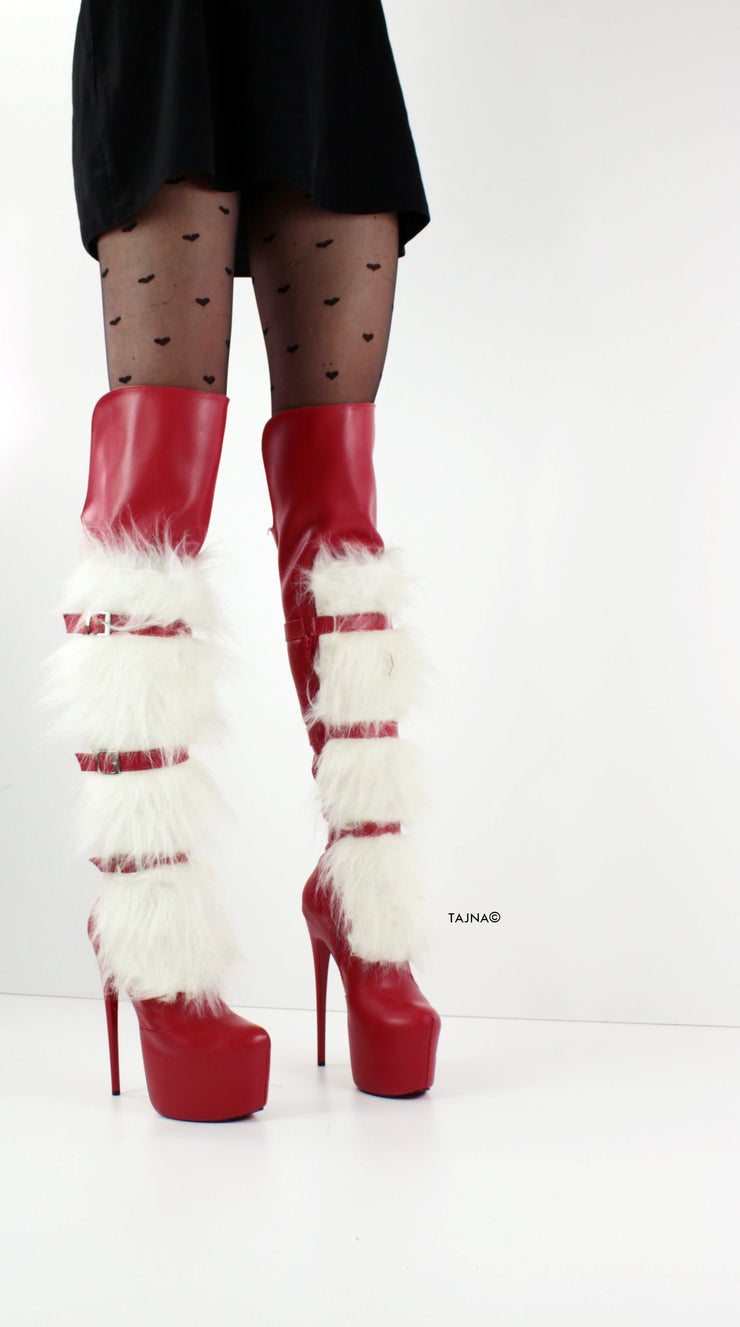 Red Matte Belted Over Knee Santa Boots - Tajna Club