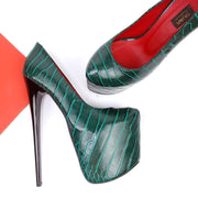 Green Croco Red Detail High Heel Pumps
