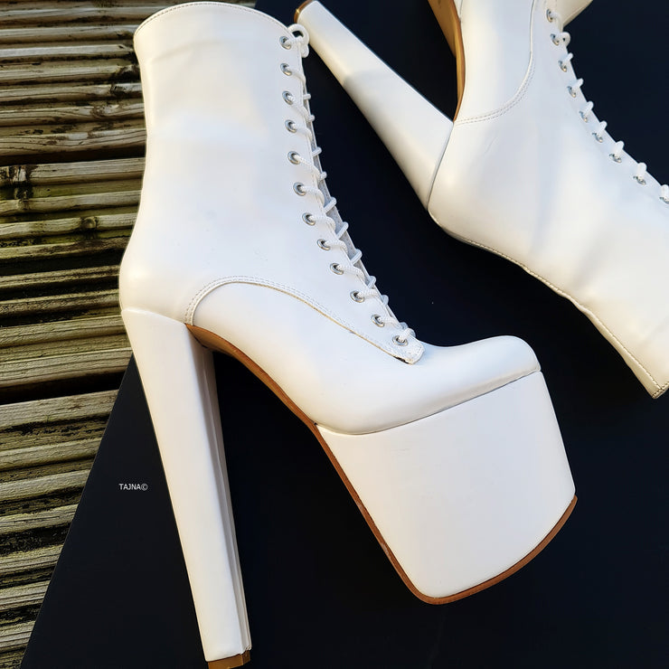 White Matte Lace Up High Heel Combat Style Boots