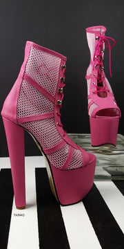 Pink Fishnet Detail Lace Up High Heel Boots