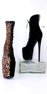 Multi Colour Black Suede Leopard Lace Up Boots