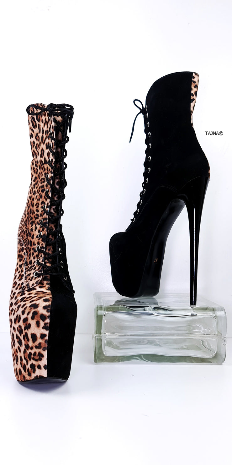 Multi Colour Black Suede Leopard Lace Up Boots
