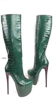 Green Croco Mid Calf High Heel Boots – Tajna Shoes